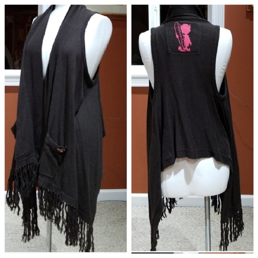Hollister brown fringe long cardigan